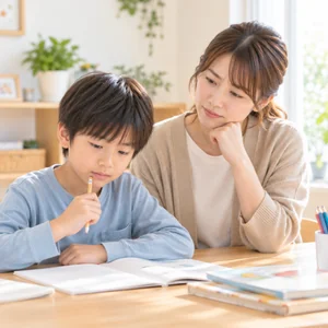 親子で英語の読み書きに取り組む様子