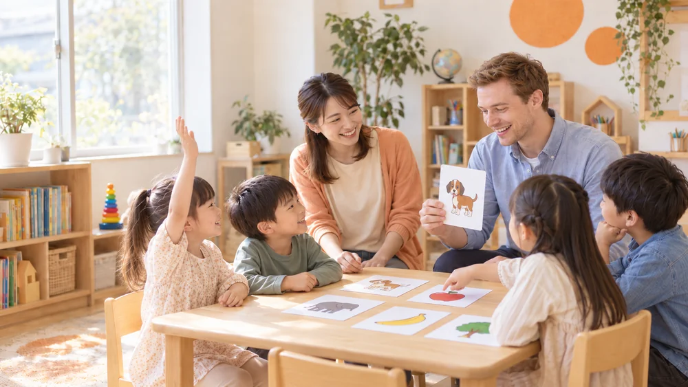 英語カードやゲームを使う子どもたち