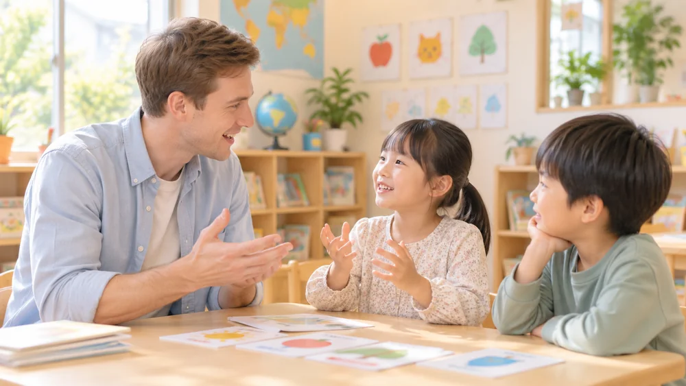 外国人講師と英語で会話する子どもたち
