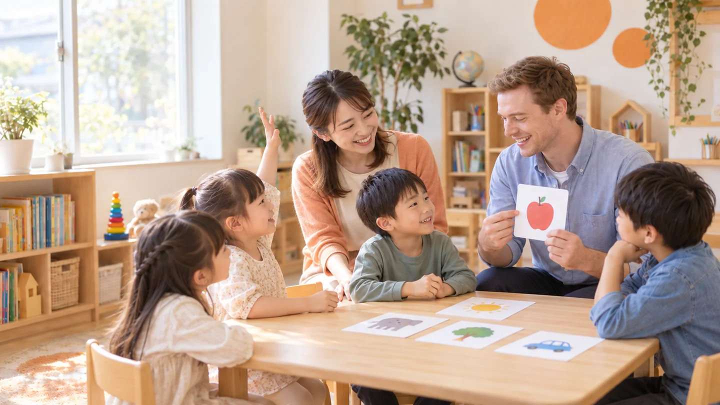 先生と子どもたちが英語で会話する様子