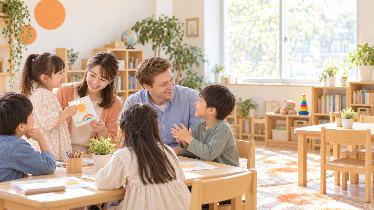 英語レッスンを楽しむ子どもたちと講師